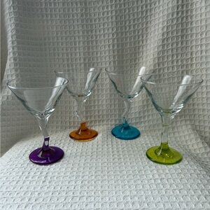 Vintage Libbey Set of 4  Zig Zig Stem Martini Glasses With Color Bases 4 Colors
